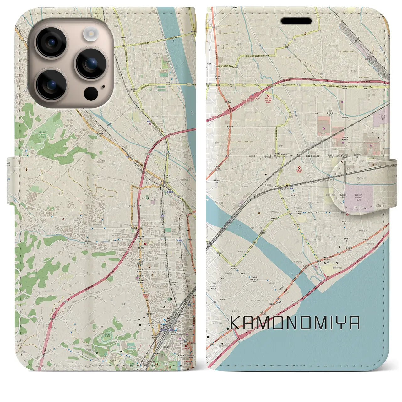 【鴨宮(神奈川県)】地図柄iPhoneケース(手帳タイプ)ナチュラル・iPhone 16 Plus 用