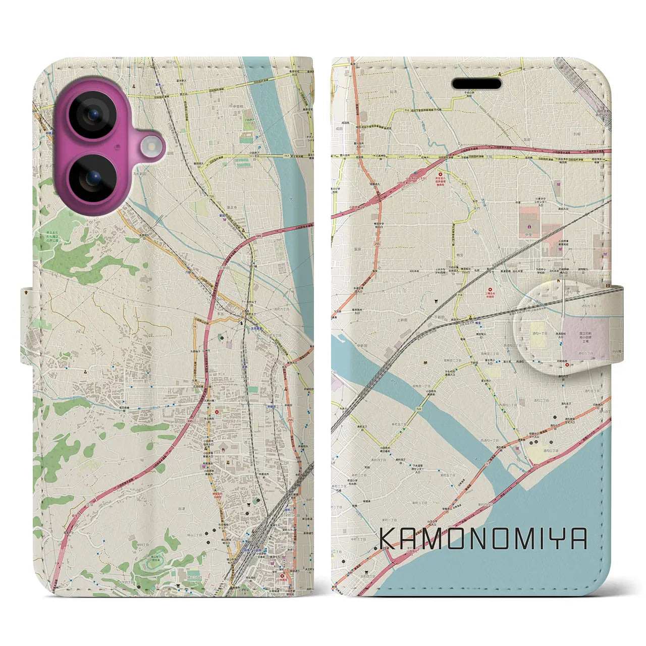 【鴨宮(神奈川県)】地図柄iPhoneケース(手帳タイプ)ナチュラル・iPhone 16 Pro 用