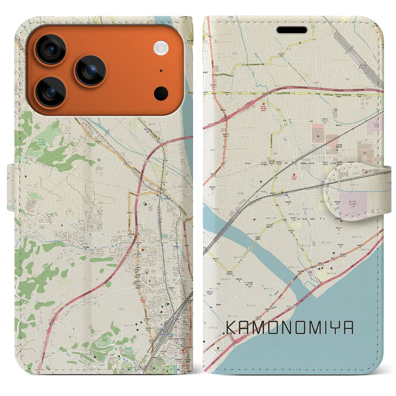【鴨宮(神奈川県)】地図柄iPhoneケース(手帳タイプ)モノトーン・iPhone 17 Pro Max 用