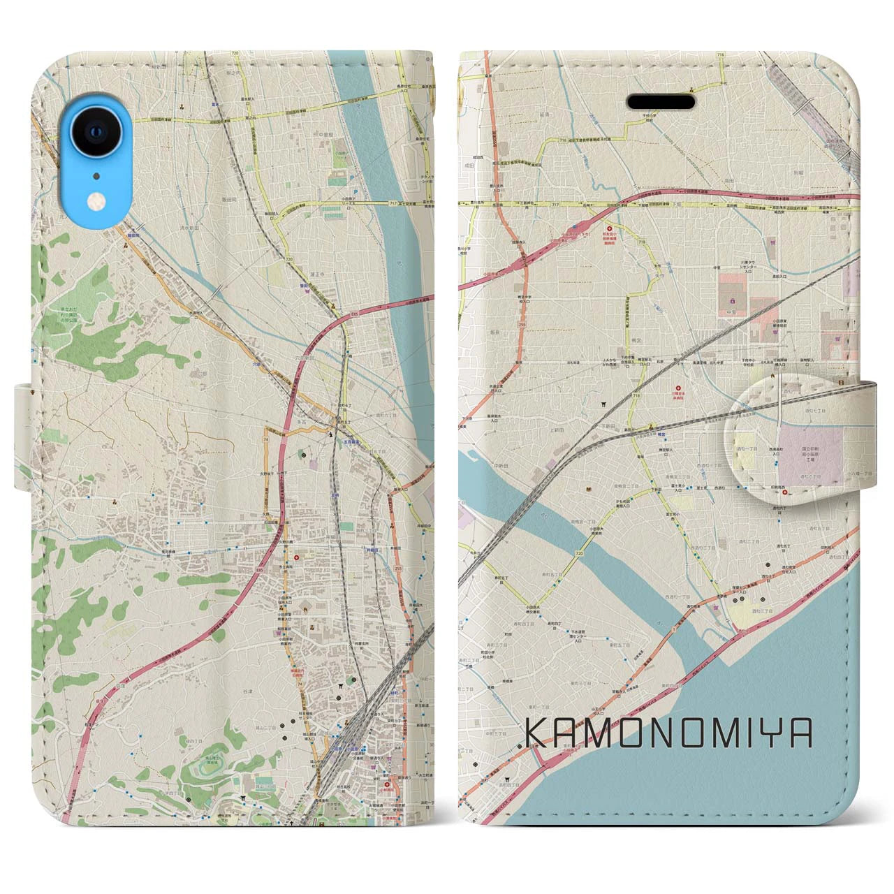 【鴨宮(神奈川県)】地図柄iPhoneケース(手帳タイプ)ナチュラル・iPhone XR 用