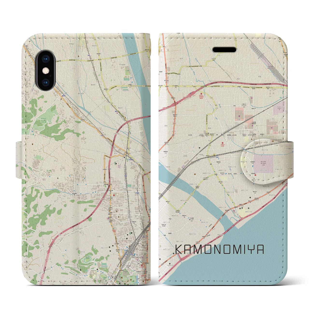 【鴨宮(神奈川県)】地図柄iPhoneケース(手帳タイプ)ナチュラル・iPhone XS / X 用