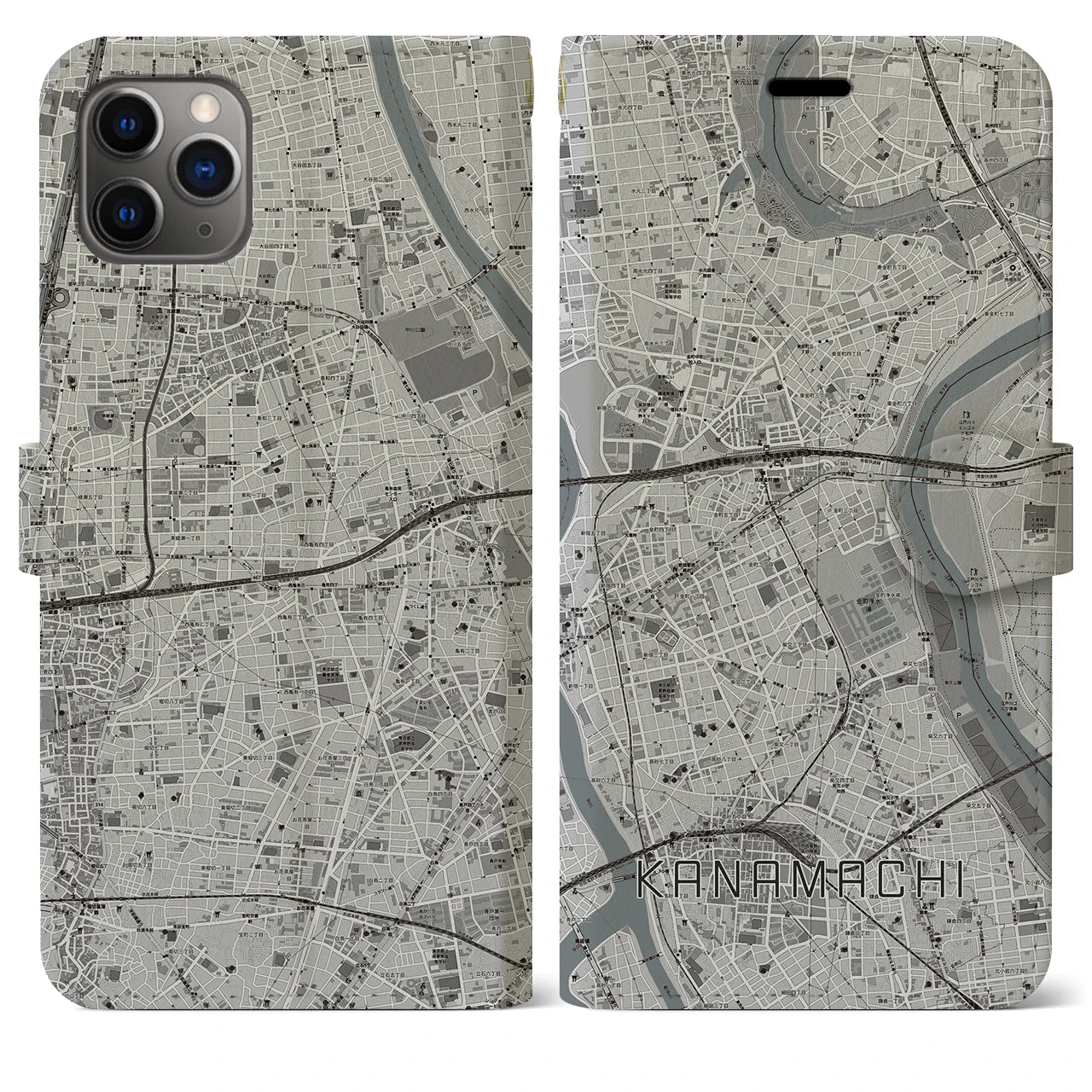 【金町(東京都)】地図柄iPhoneケース(手帳タイプ)モノトーン・iPhone 11 Pro Max 用