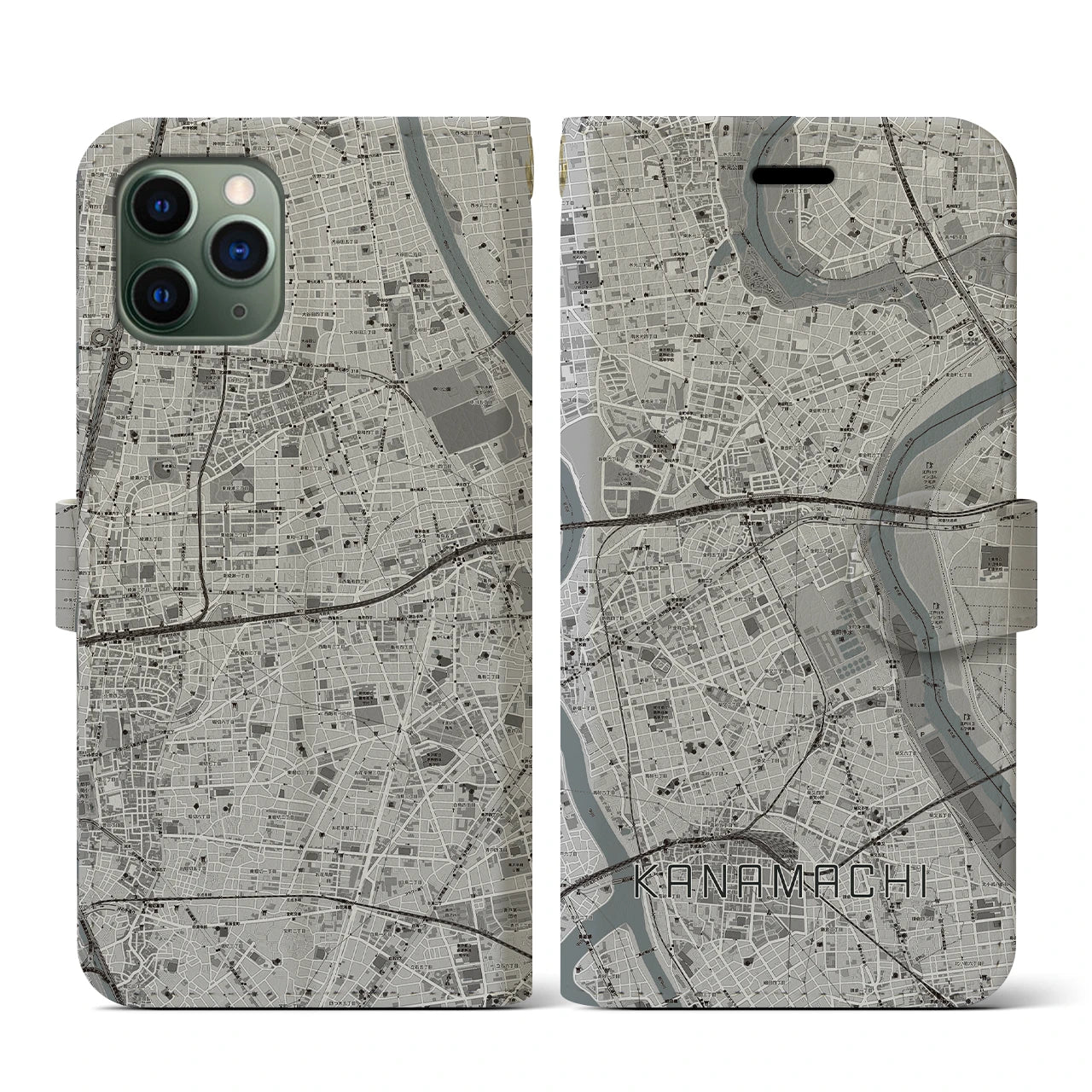 【金町(東京都)】地図柄iPhoneケース(手帳タイプ)モノトーン・iPhone 11 Pro 用