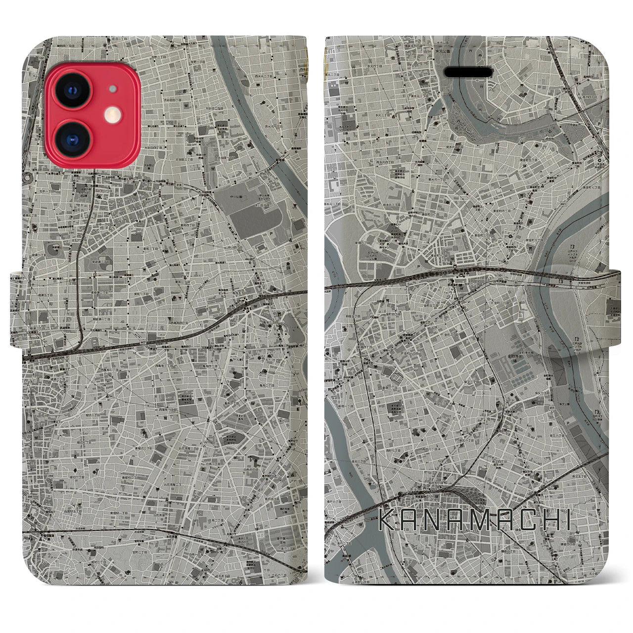 【金町(東京都)】地図柄iPhoneケース(手帳タイプ)モノトーン・iPhone 11 用