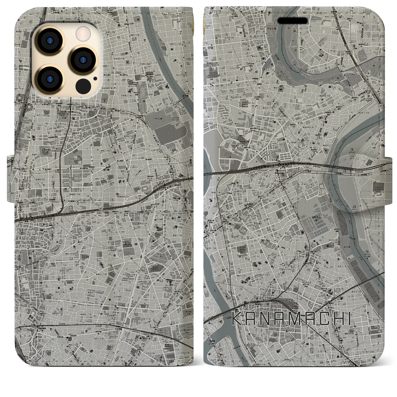 【金町(東京都)】地図柄iPhoneケース(手帳タイプ)モノトーン・iPhone 12 Pro Max 用