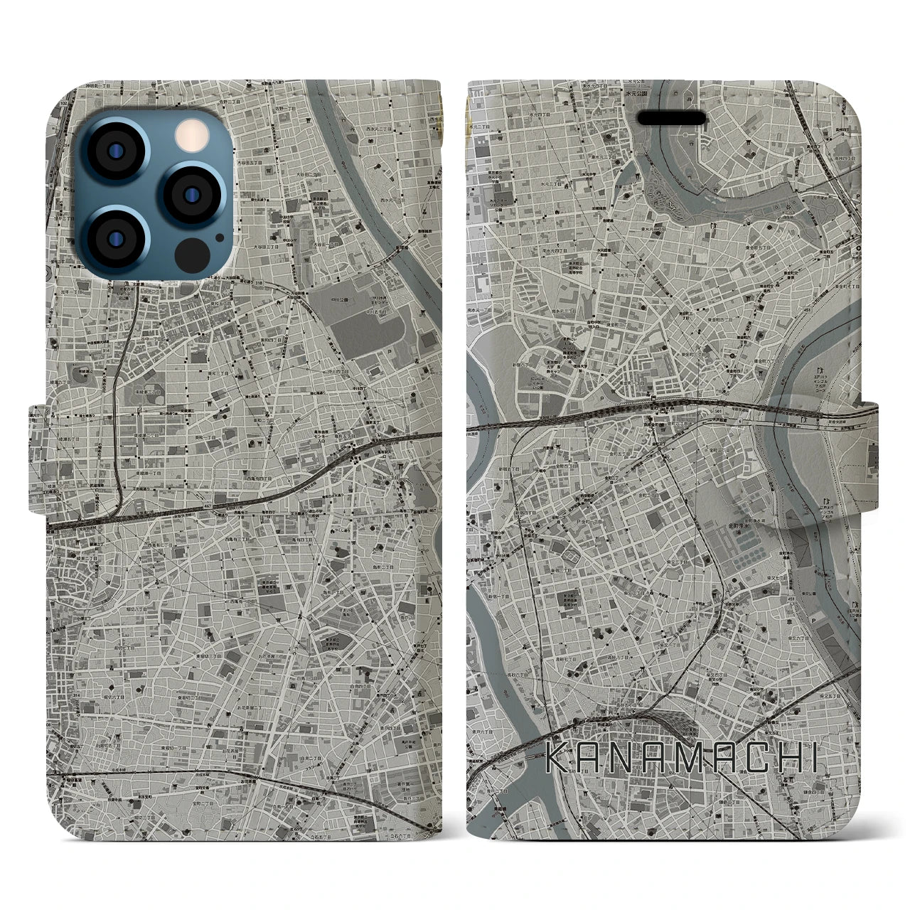 【金町(東京都)】地図柄iPhoneケース(手帳タイプ)モノトーン・iPhone 12 / 12 Pro 用
