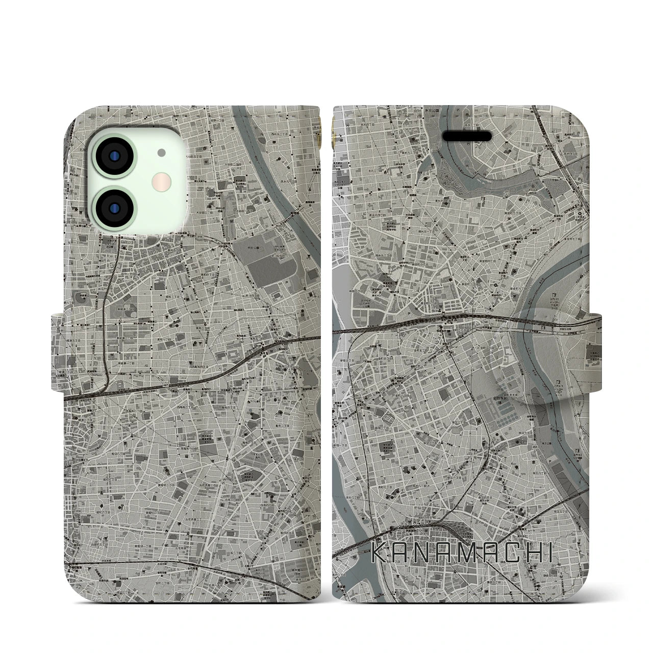 【金町(東京都)】地図柄iPhoneケース(手帳タイプ)モノトーン・iPhone 12 mini 用