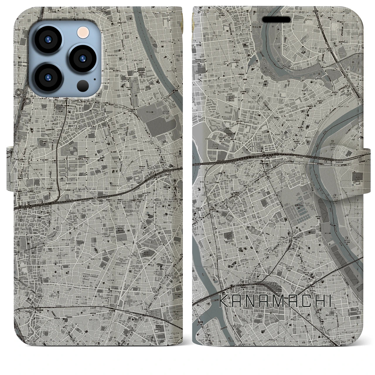 【金町(東京都)】地図柄iPhoneケース(手帳タイプ)モノトーン・iPhone 13 Pro Max 用
