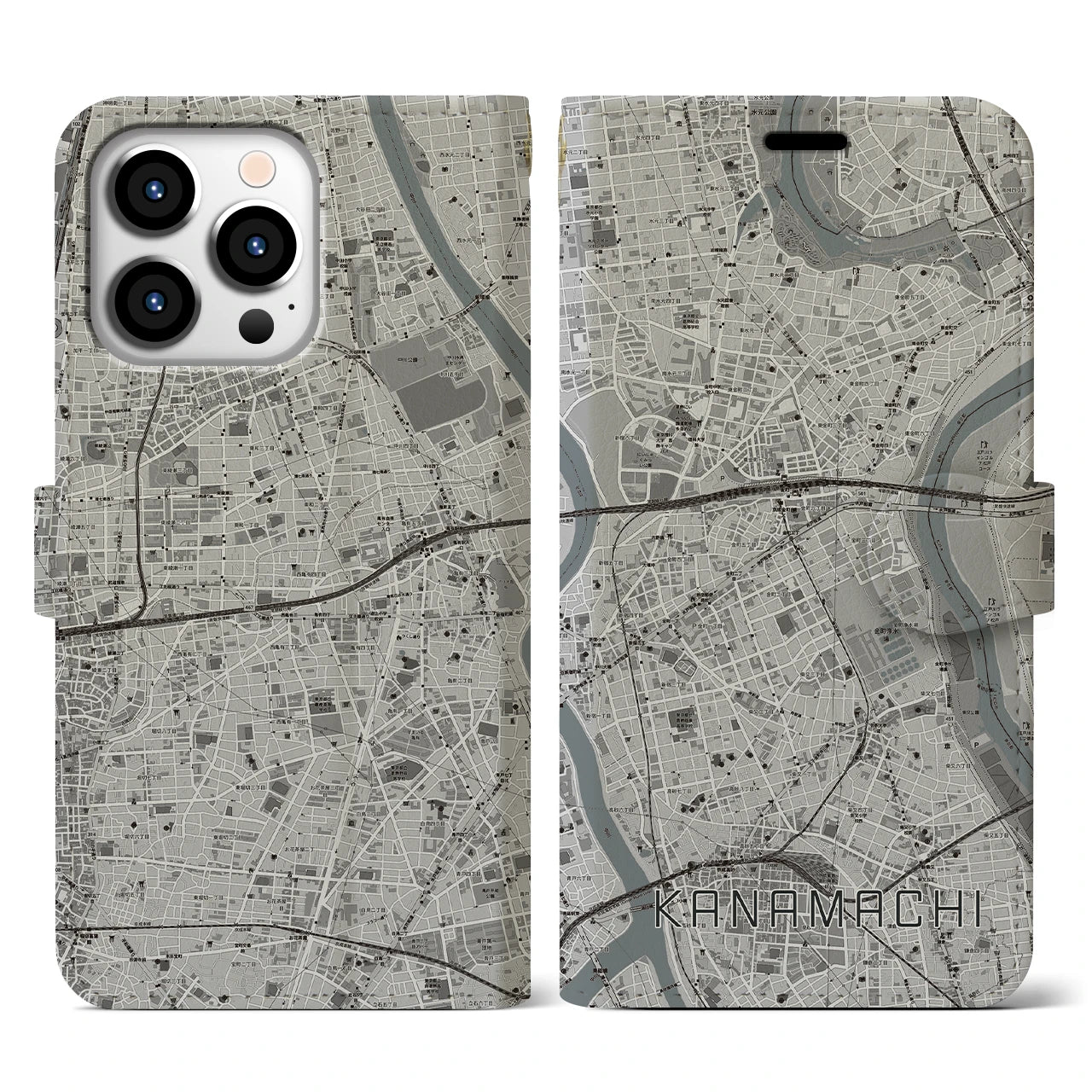 【金町(東京都)】地図柄iPhoneケース(手帳タイプ)モノトーン・iPhone 13 Pro 用