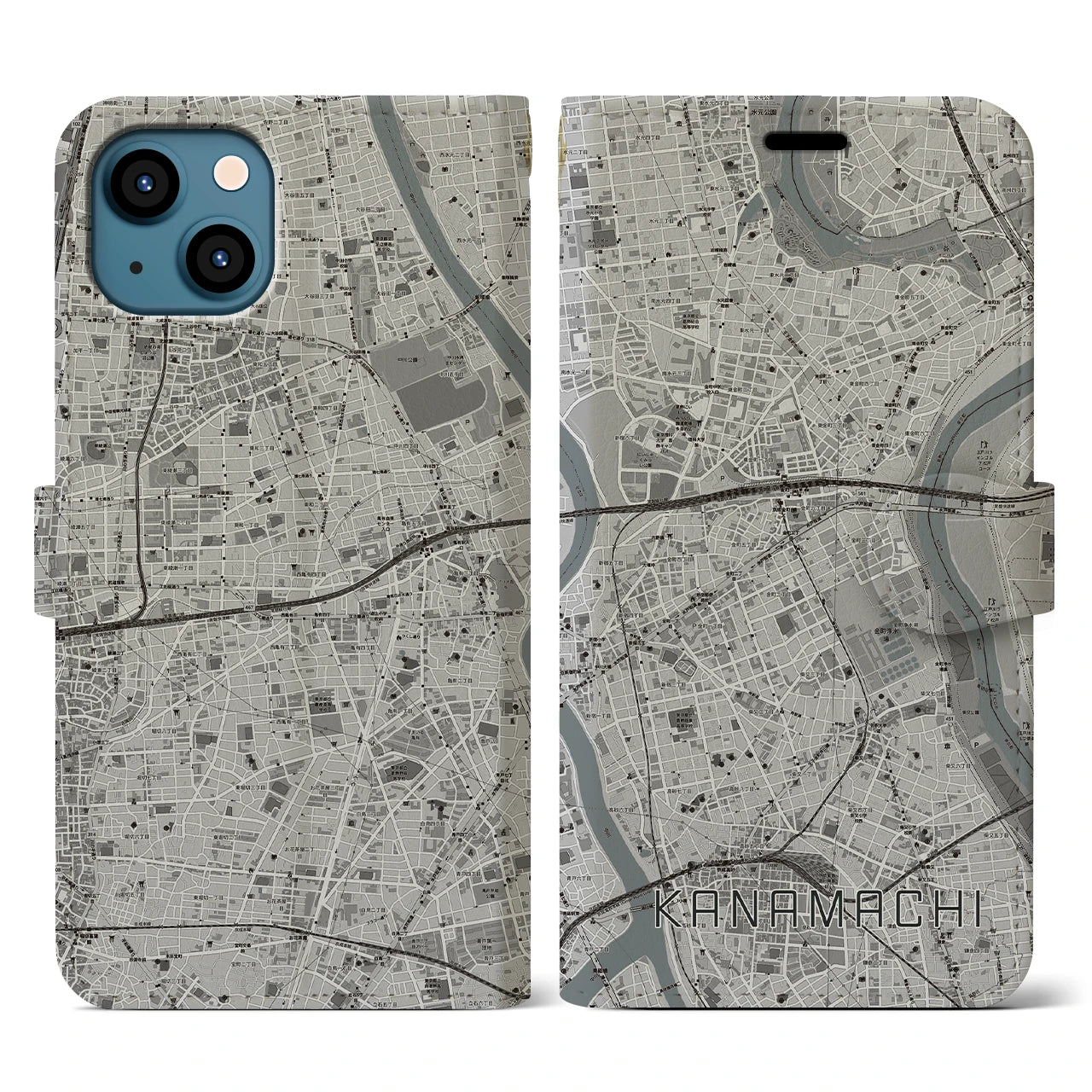 【金町(東京都)】地図柄iPhoneケース(手帳タイプ)モノトーン・iPhone 13 用