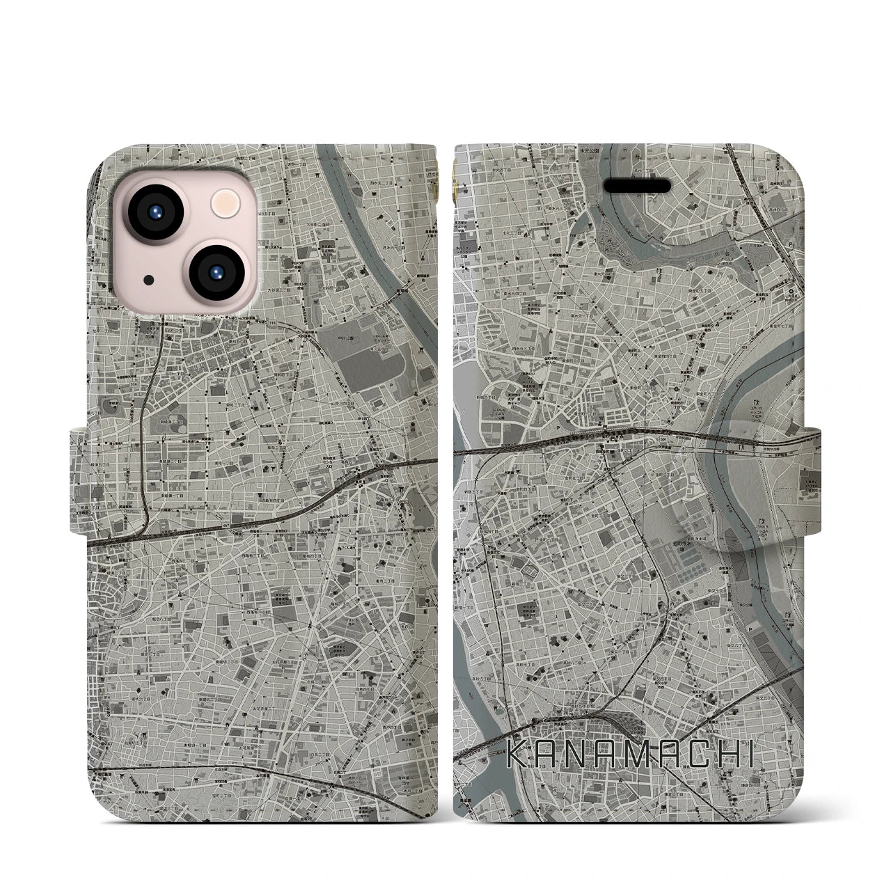 【金町(東京都)】地図柄iPhoneケース(手帳タイプ)モノトーン・iPhone 13 mini 用
