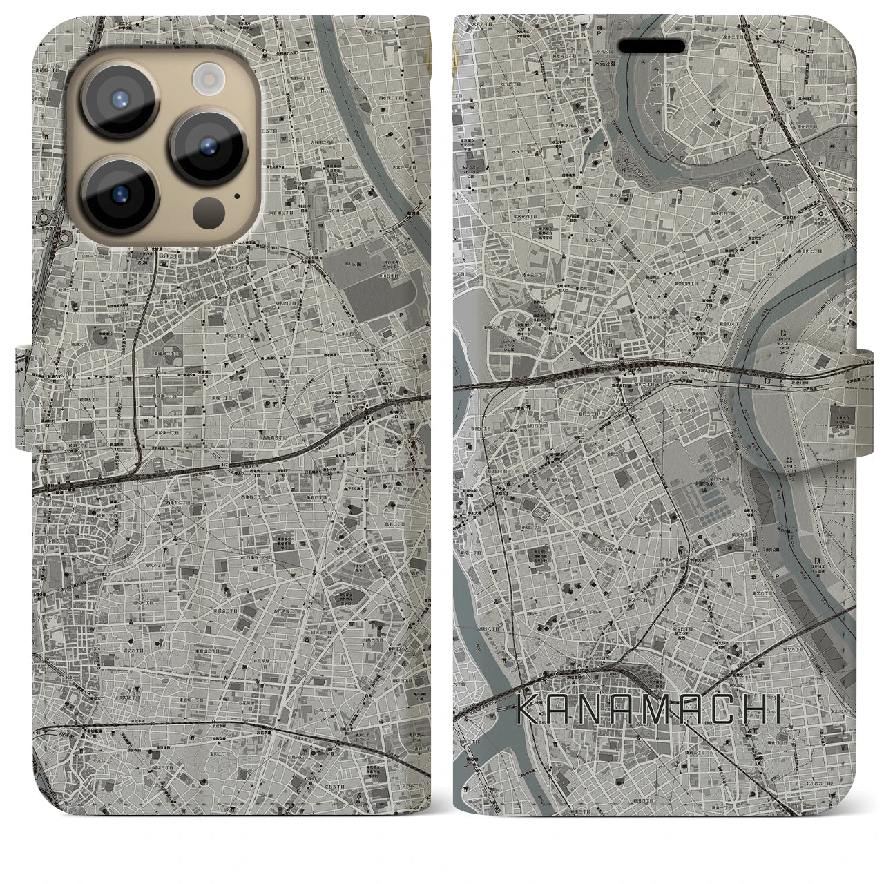 【金町(東京都)】地図柄iPhoneケース(手帳タイプ)モノトーン・iPhone 14 Pro Max 用