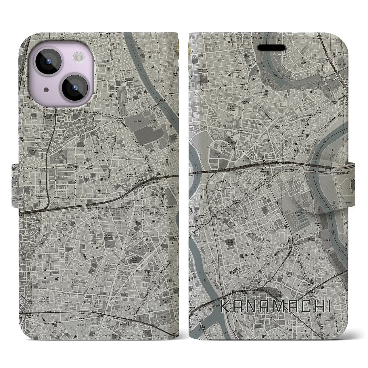 【金町(東京都)】地図柄iPhoneケース(手帳タイプ)モノトーン・iPhone 14 用