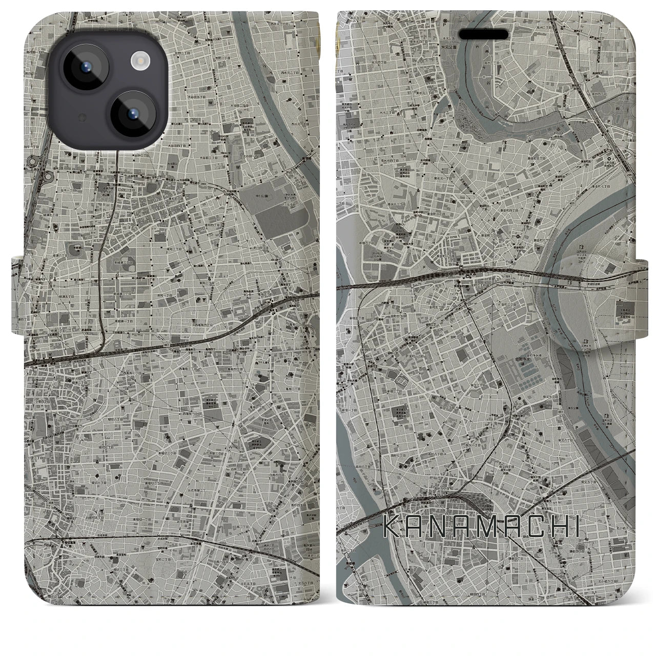 【金町(東京都)】地図柄iPhoneケース(手帳タイプ)モノトーン・iPhone 14 Plus 用