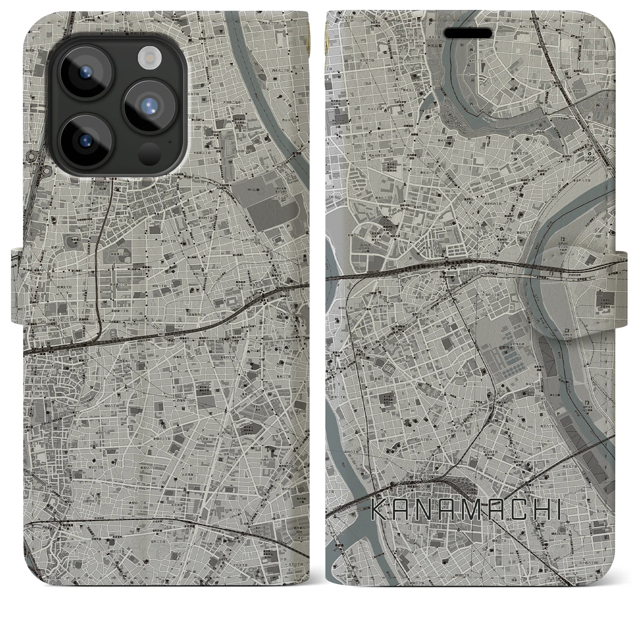 【金町(東京都)】地図柄iPhoneケース(手帳タイプ)モノトーン・iPhone 15 Pro Max 用