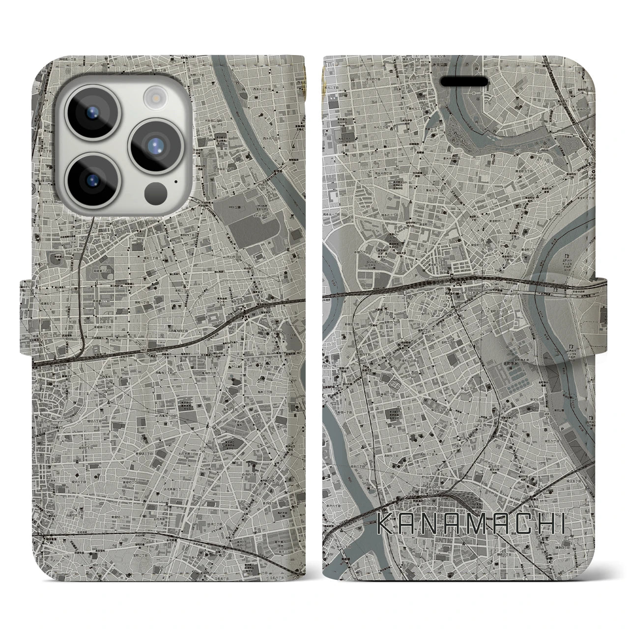 【金町(東京都)】地図柄iPhoneケース(手帳タイプ)モノトーン・iPhone 15 Pro 用