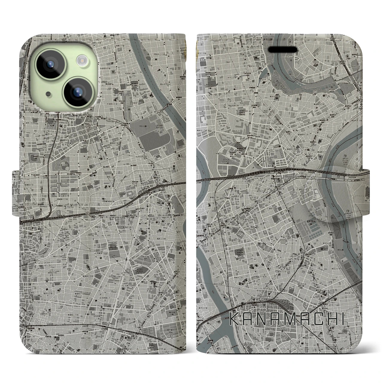 【金町(東京都)】地図柄iPhoneケース(手帳タイプ)モノトーン・iPhone 15 用