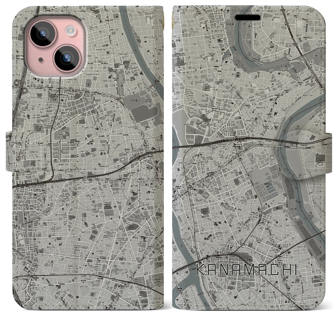 【金町(東京都)】地図柄iPhoneケース(手帳タイプ)モノトーン・iPhone 15 Plus 用