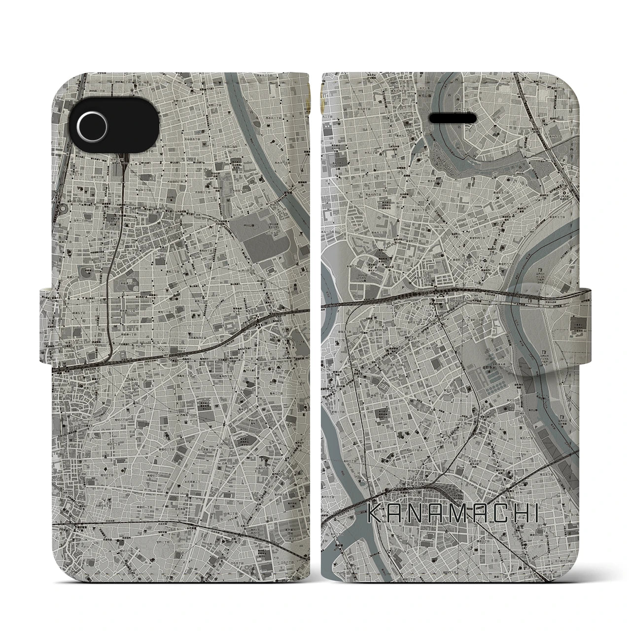 【金町(東京都)】地図柄iPhoneケース(手帳タイプ)モノトーン・iPhone SE(第3 / 第2世代) / 8 / 7 / 6s / 6 用