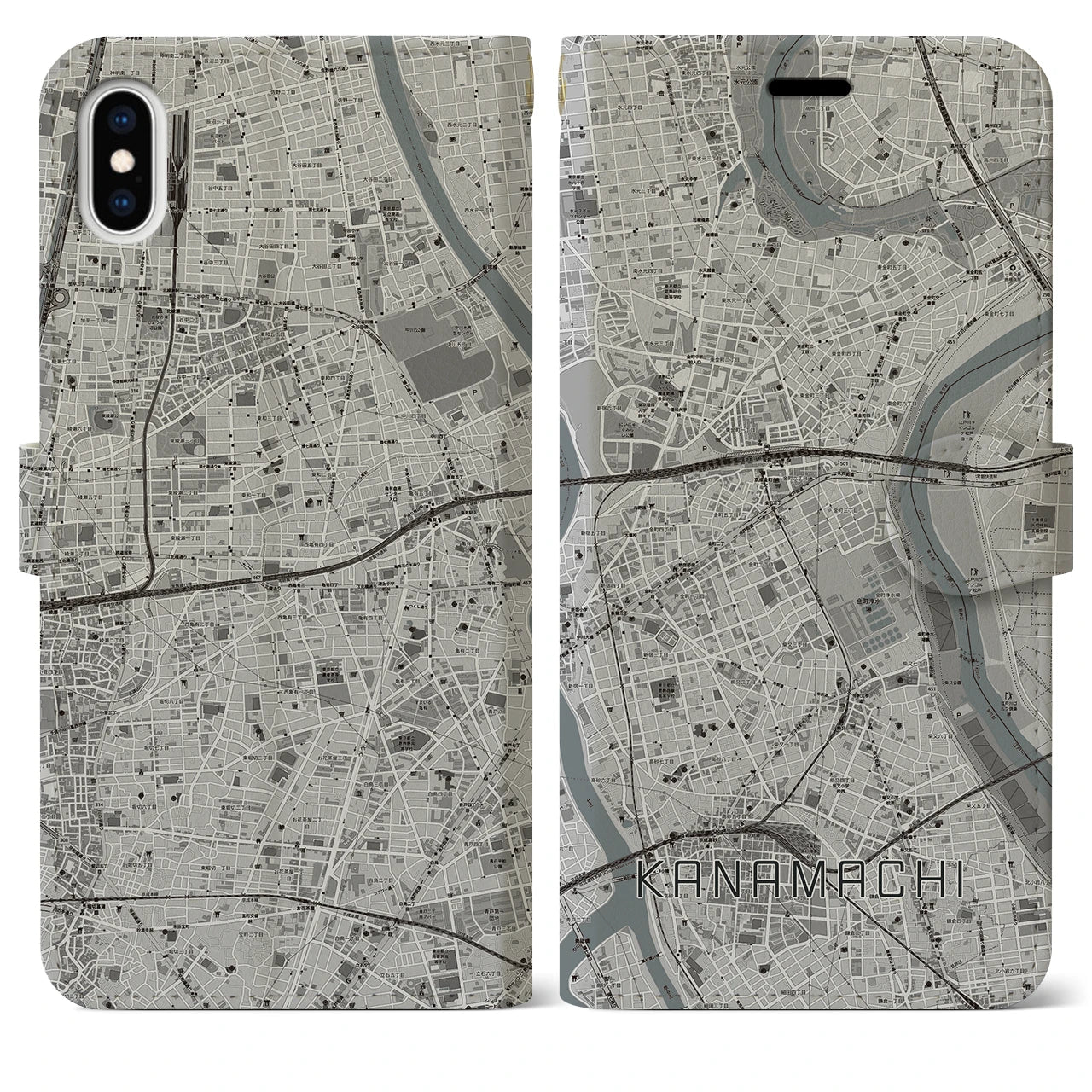 【金町(東京都)】地図柄iPhoneケース(手帳タイプ)モノトーン・iPhone XS Max 用