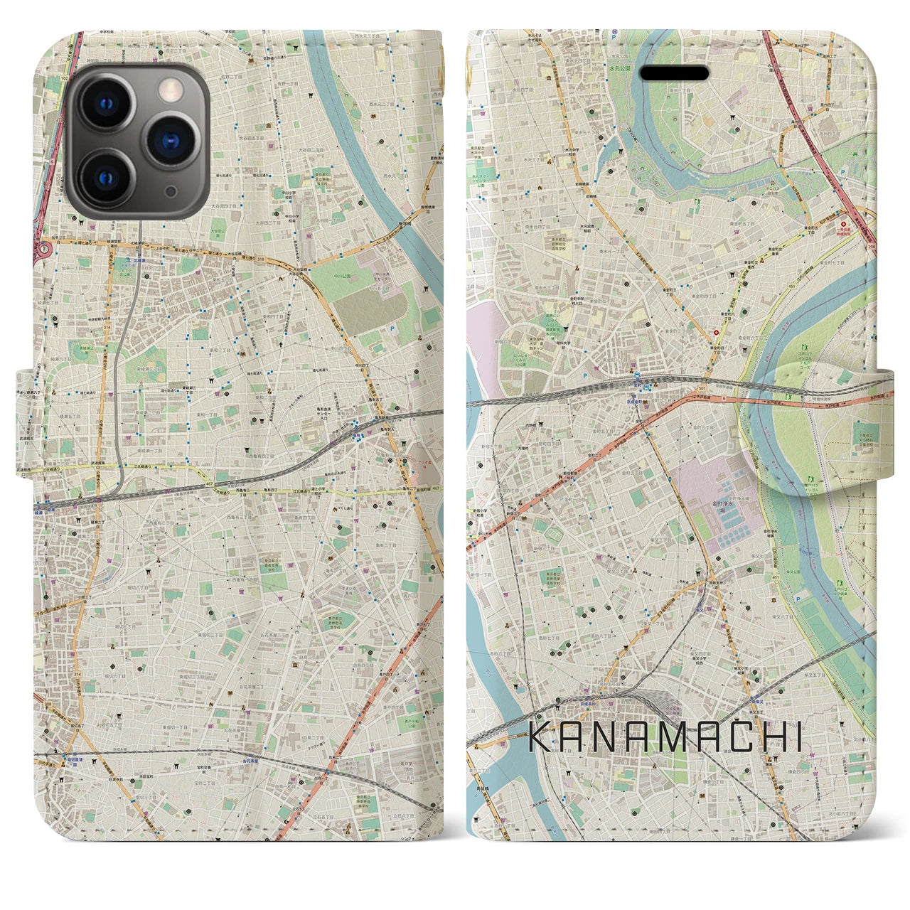 【金町(東京都)】地図柄iPhoneケース(手帳タイプ)ナチュラル・iPhone 11 Pro Max 用
