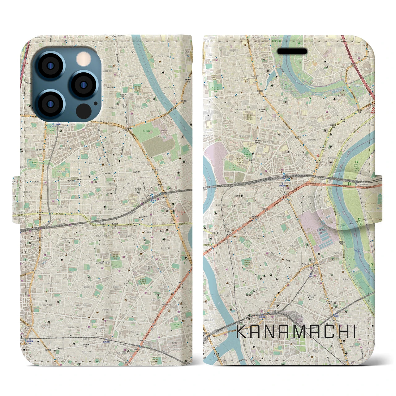 【金町(東京都)】地図柄iPhoneケース(手帳タイプ)ナチュラル・iPhone 12 / 12 Pro 用
