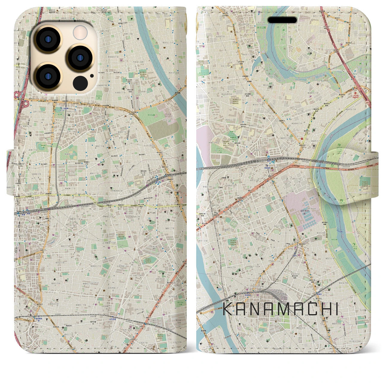 【金町(東京都)】地図柄iPhoneケース(手帳タイプ)ナチュラル・iPhone 12 Pro Max 用