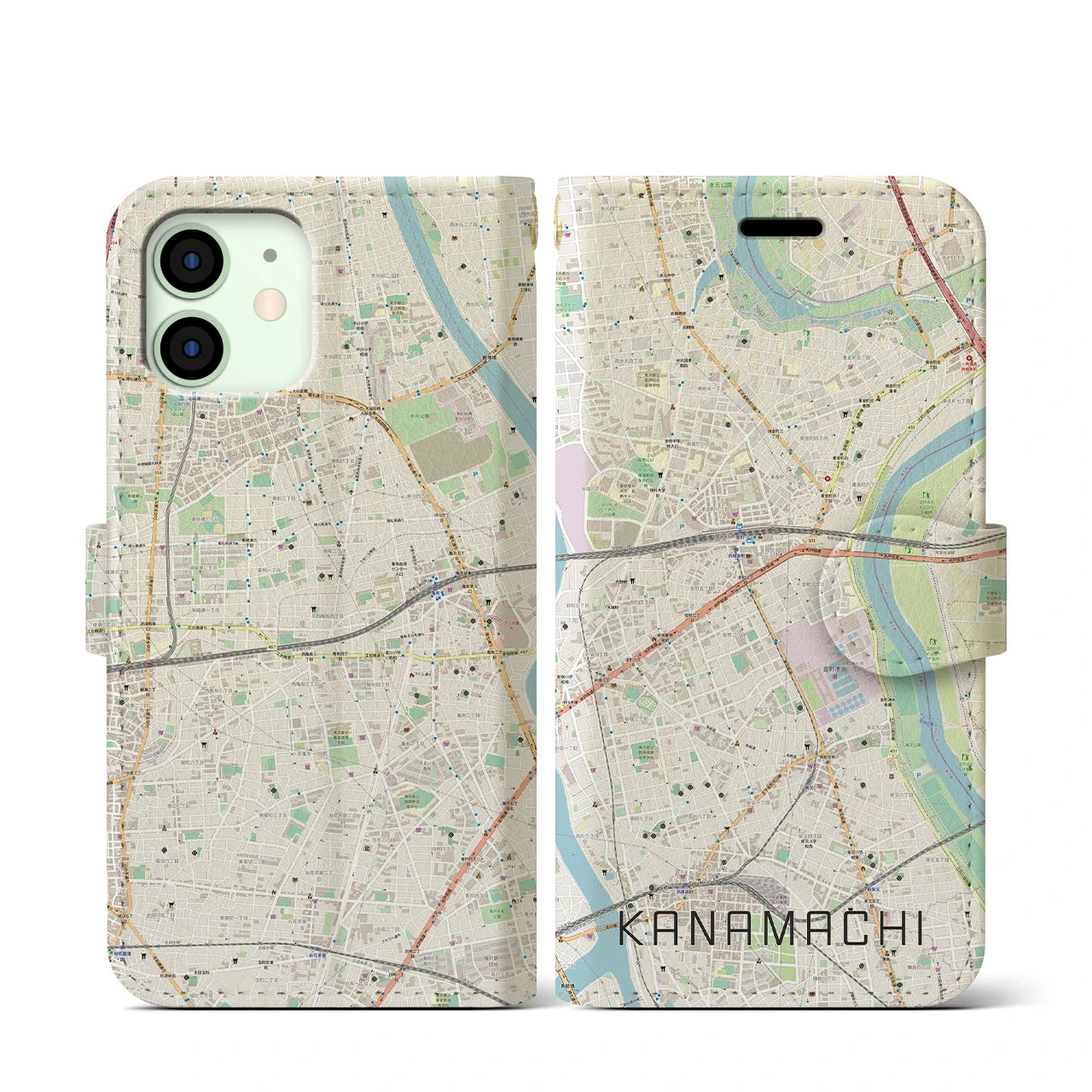【金町(東京都)】地図柄iPhoneケース(手帳タイプ)ナチュラル・iPhone 12 mini 用