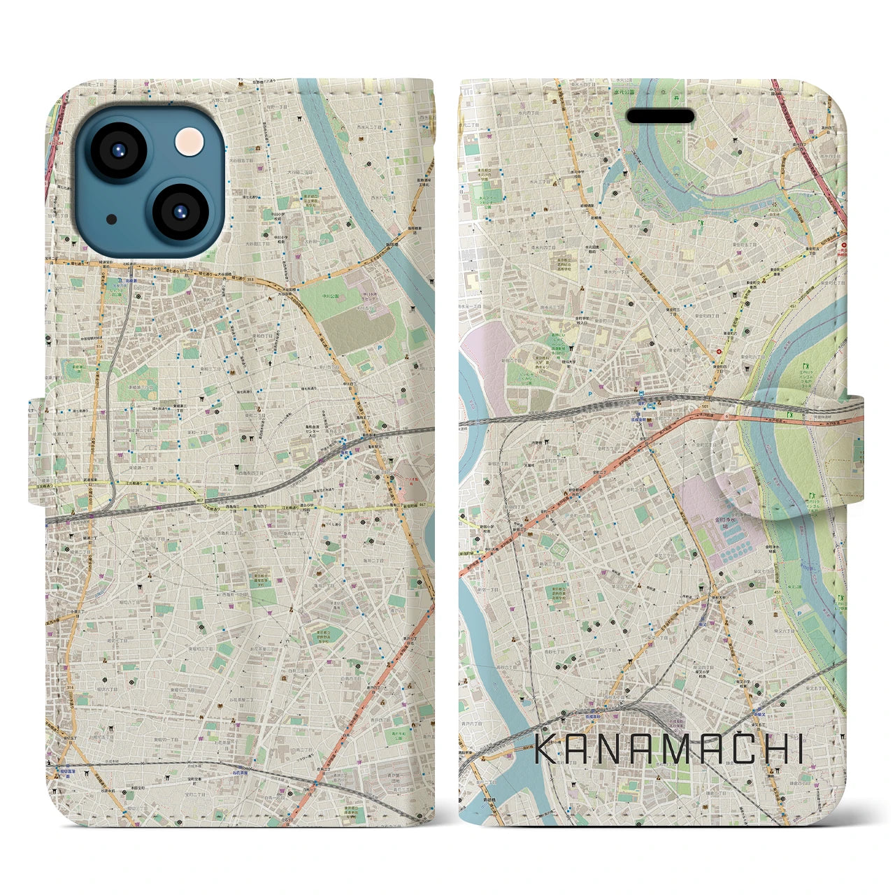 【金町(東京都)】地図柄iPhoneケース(手帳タイプ)ナチュラル・iPhone 13 用