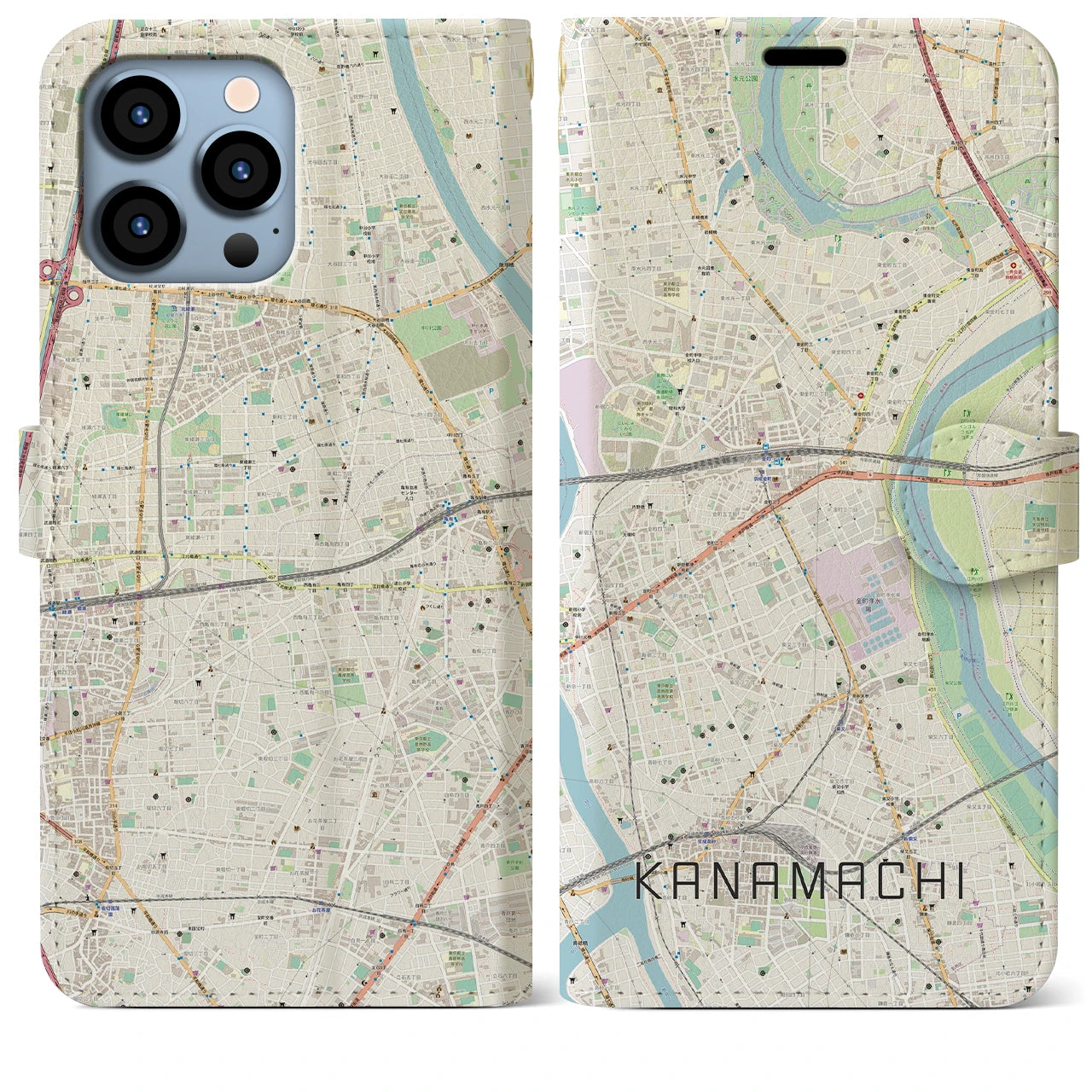 【金町(東京都)】地図柄iPhoneケース(手帳タイプ)ナチュラル・iPhone 13 Pro Max 用