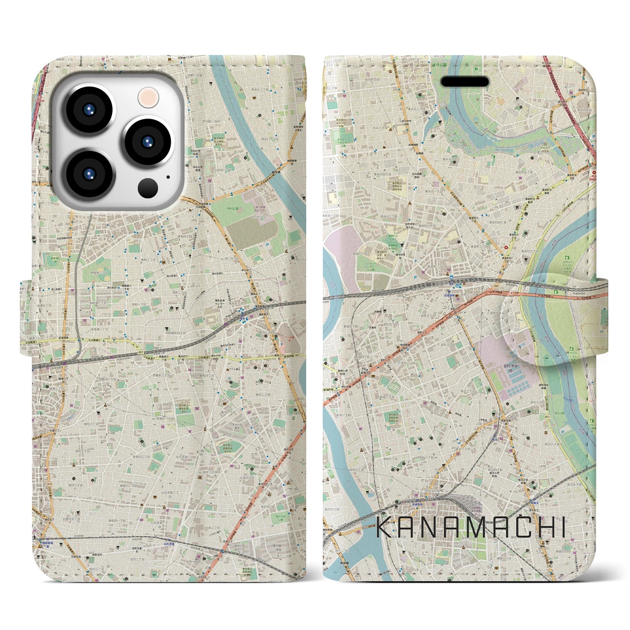 【金町(東京都)】地図柄iPhoneケース(手帳タイプ)ナチュラル・iPhone 13 Pro 用