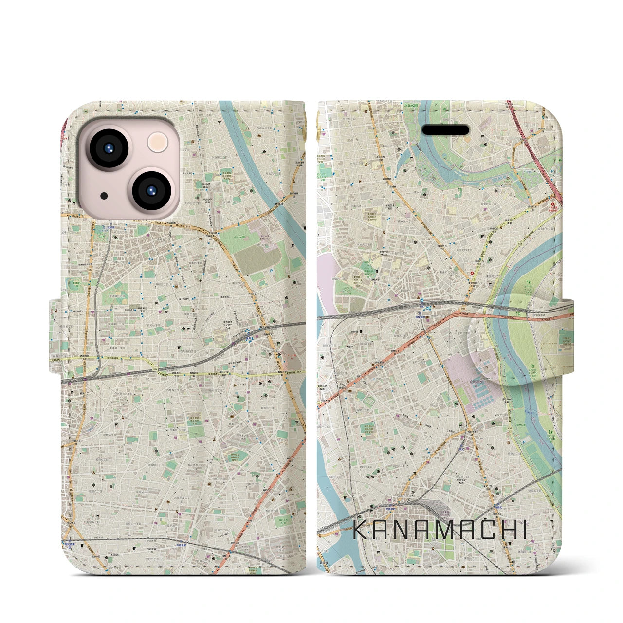 【金町(東京都)】地図柄iPhoneケース(手帳タイプ)ナチュラル・iPhone 13 mini 用