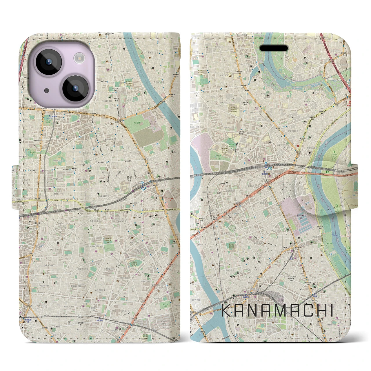 【金町(東京都)】地図柄iPhoneケース(手帳タイプ)ナチュラル・iPhone 14 用