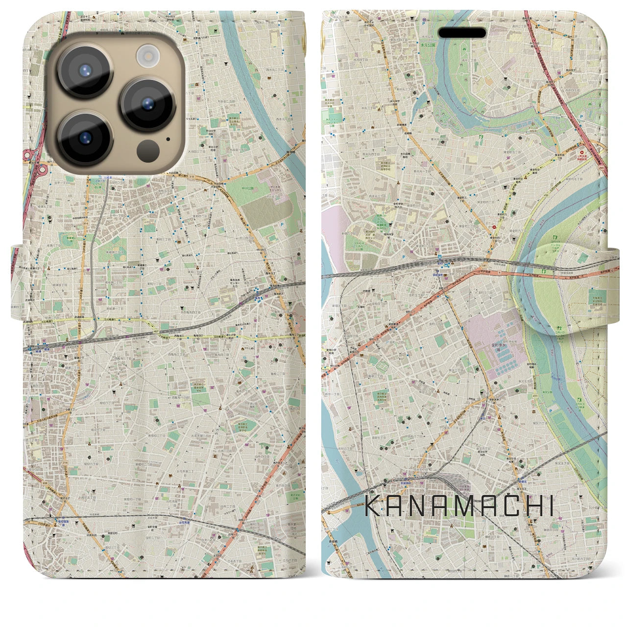【金町(東京都)】地図柄iPhoneケース(手帳タイプ)ナチュラル・iPhone 14 Pro Max 用
