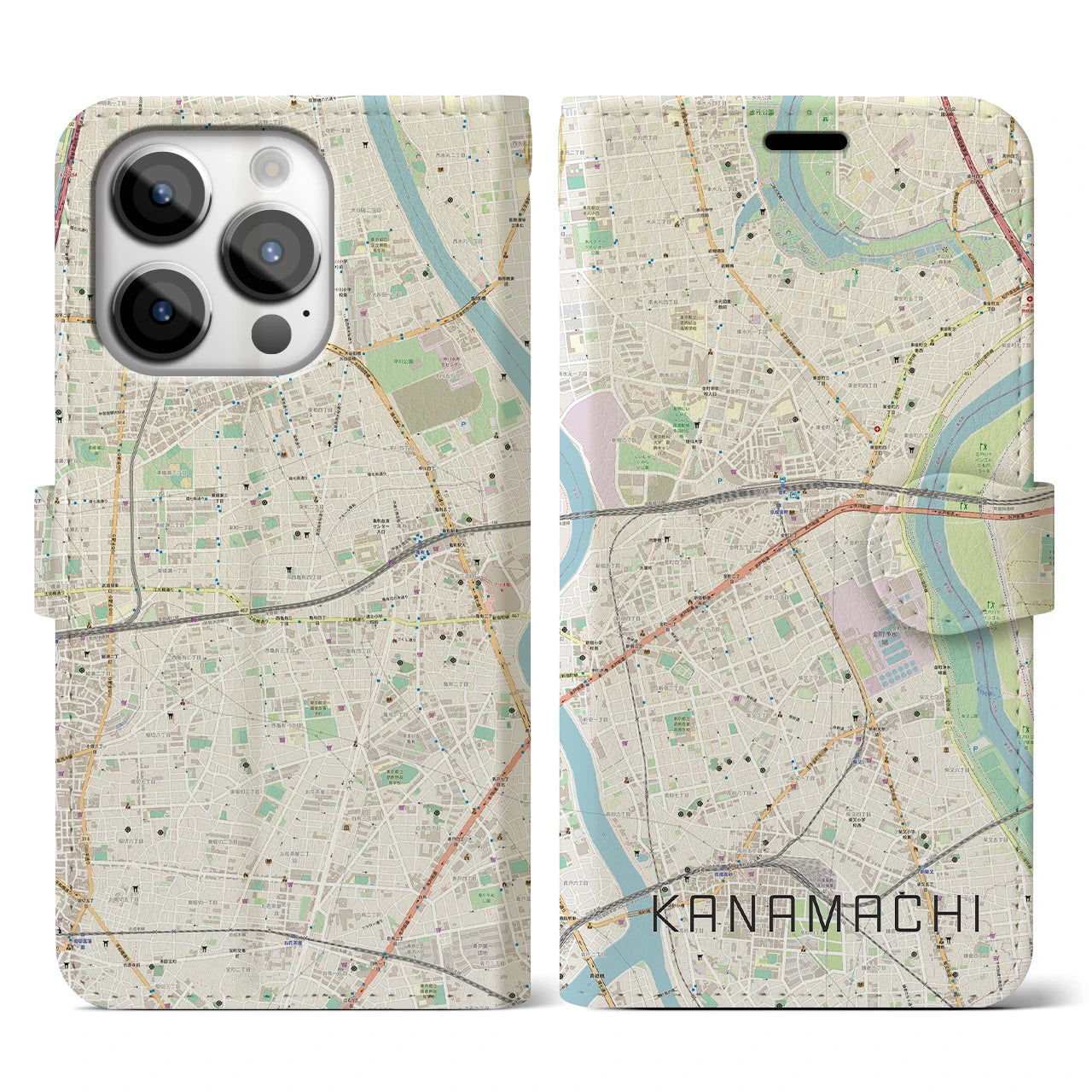【金町(東京都)】地図柄iPhoneケース(手帳タイプ)ナチュラル・iPhone 14 Pro 用