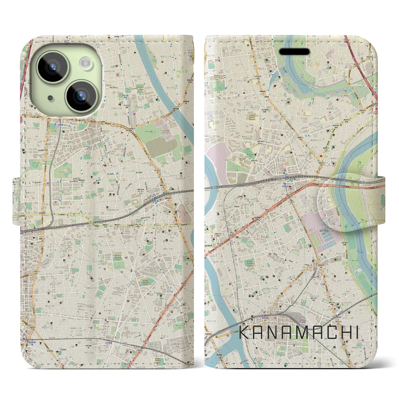 【金町(東京都)】地図柄iPhoneケース(手帳タイプ)ナチュラル・iPhone 15 用