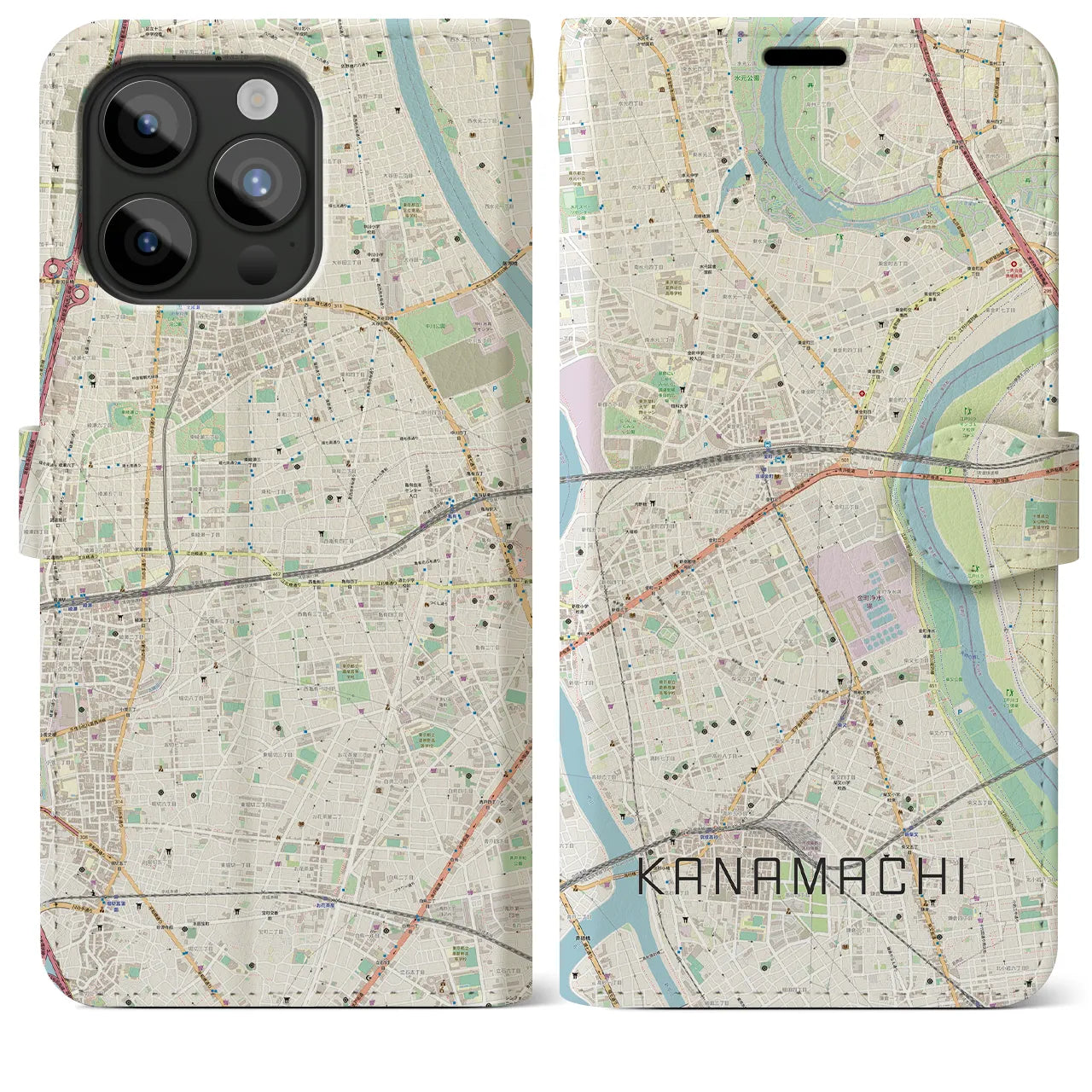 【金町(東京都)】地図柄iPhoneケース(手帳タイプ)ナチュラル・iPhone 15 Pro Max 用