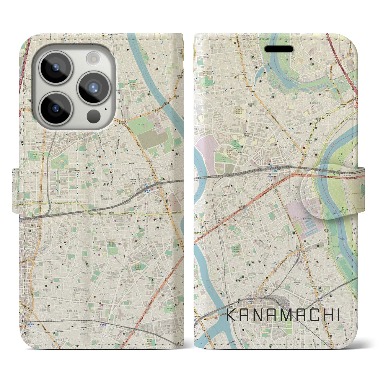 【金町(東京都)】地図柄iPhoneケース(手帳タイプ)ナチュラル・iPhone 15 Pro 用