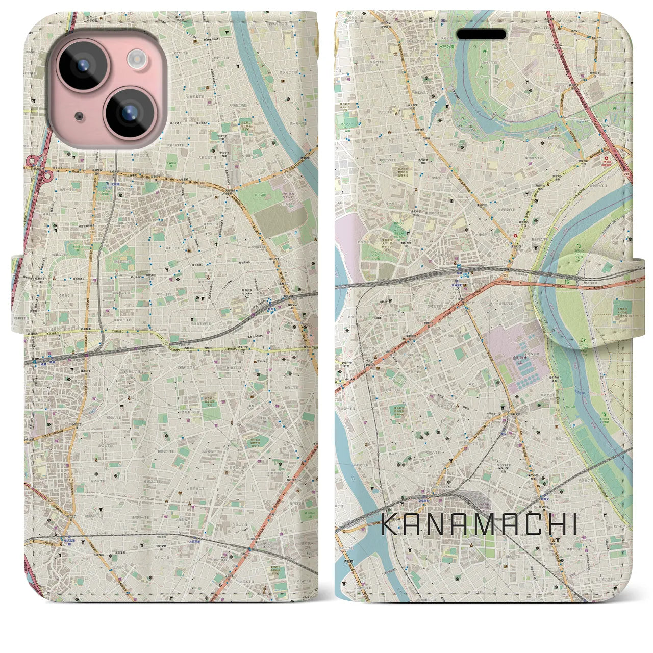 【金町(東京都)】地図柄iPhoneケース(手帳タイプ)ナチュラル・iPhone 15 Plus 用