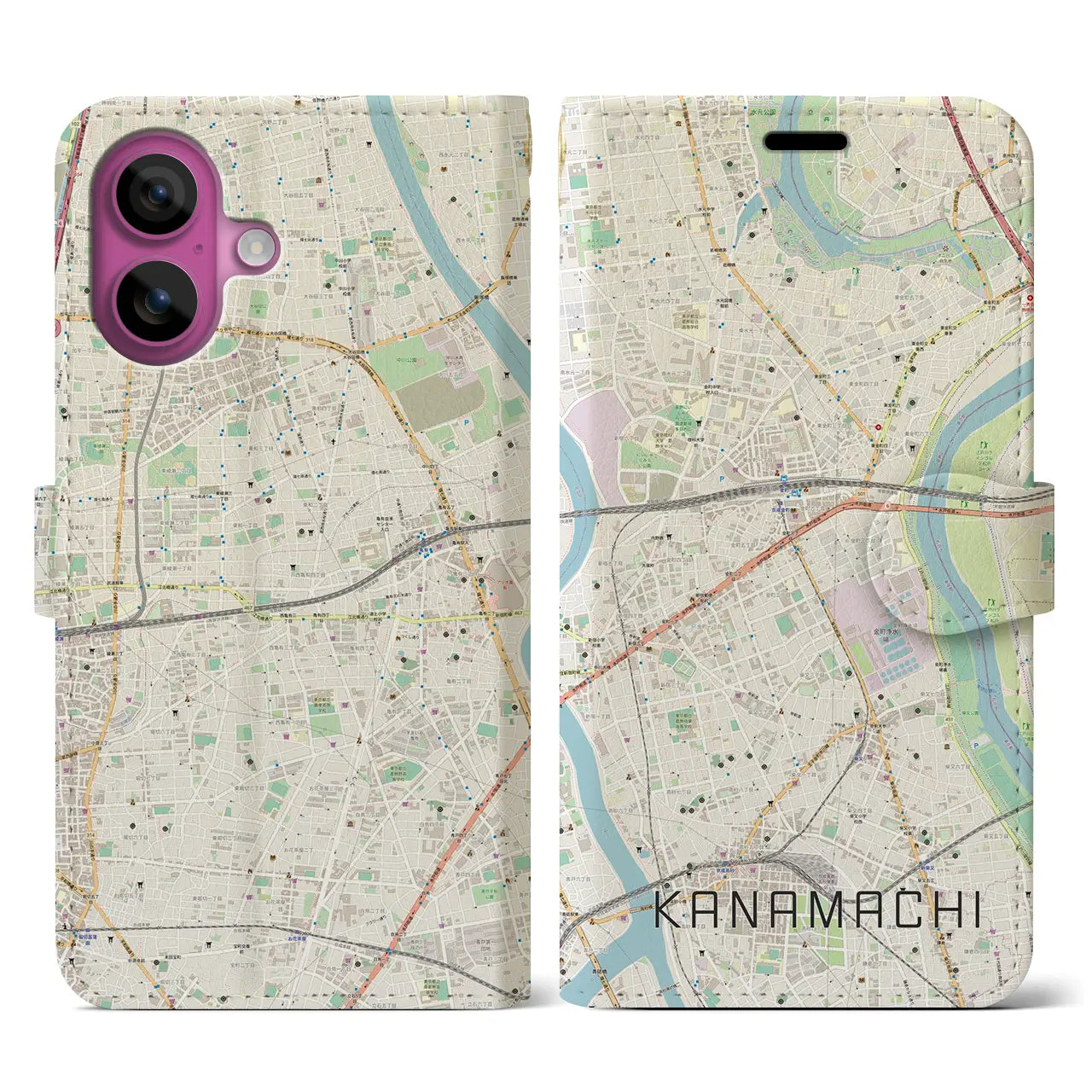 【金町(東京都)】地図柄iPhoneケース(手帳タイプ)ナチュラル・iPhone 16 Pro 用