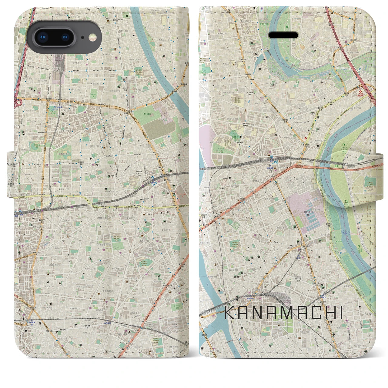 【金町(東京都)】地図柄iPhoneケース(手帳タイプ)ナチュラル・iPhone 8Plus /7Plus / 6sPlus / 6Plus 用