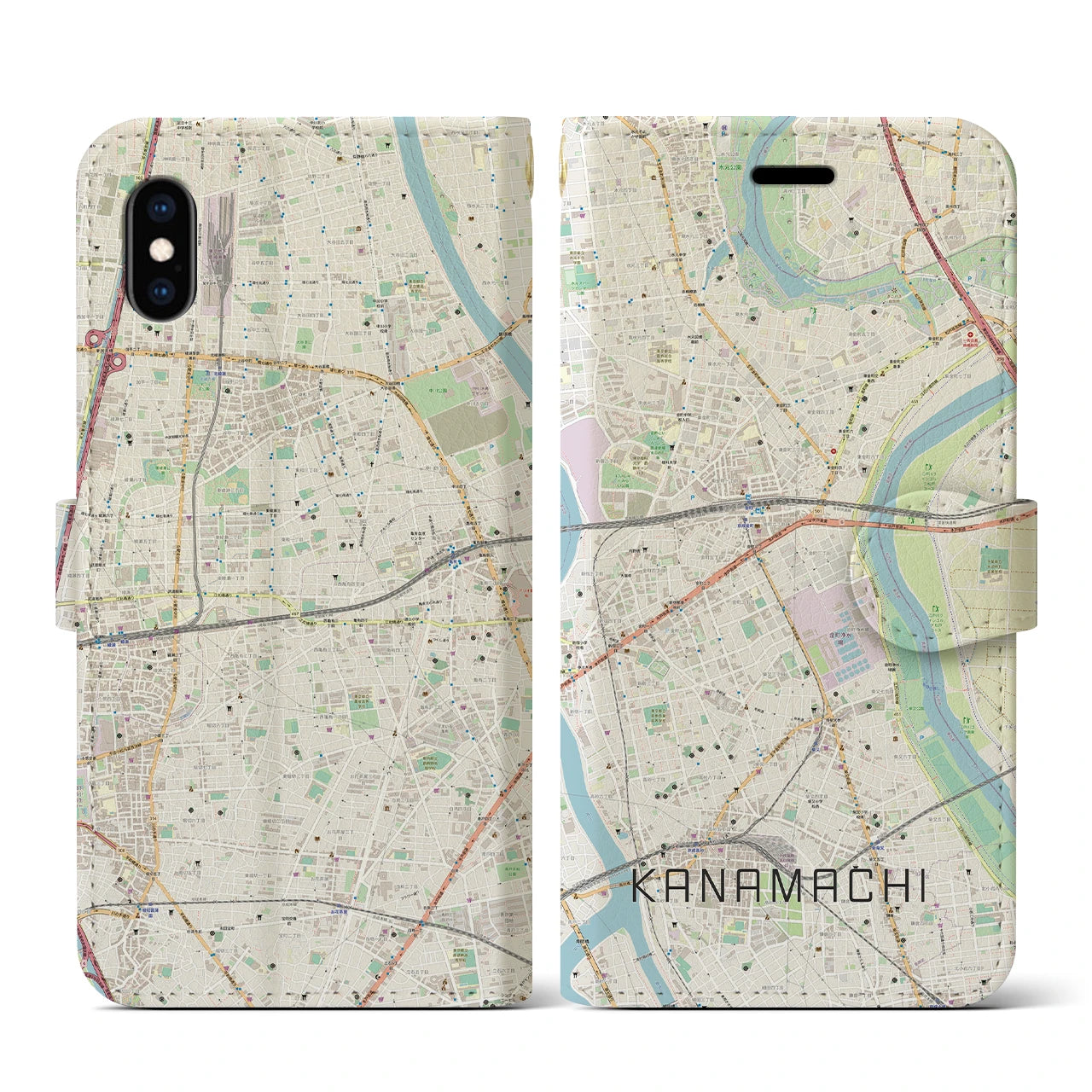 【金町(東京都)】地図柄iPhoneケース(手帳タイプ)ナチュラル・iPhone XS / X 用