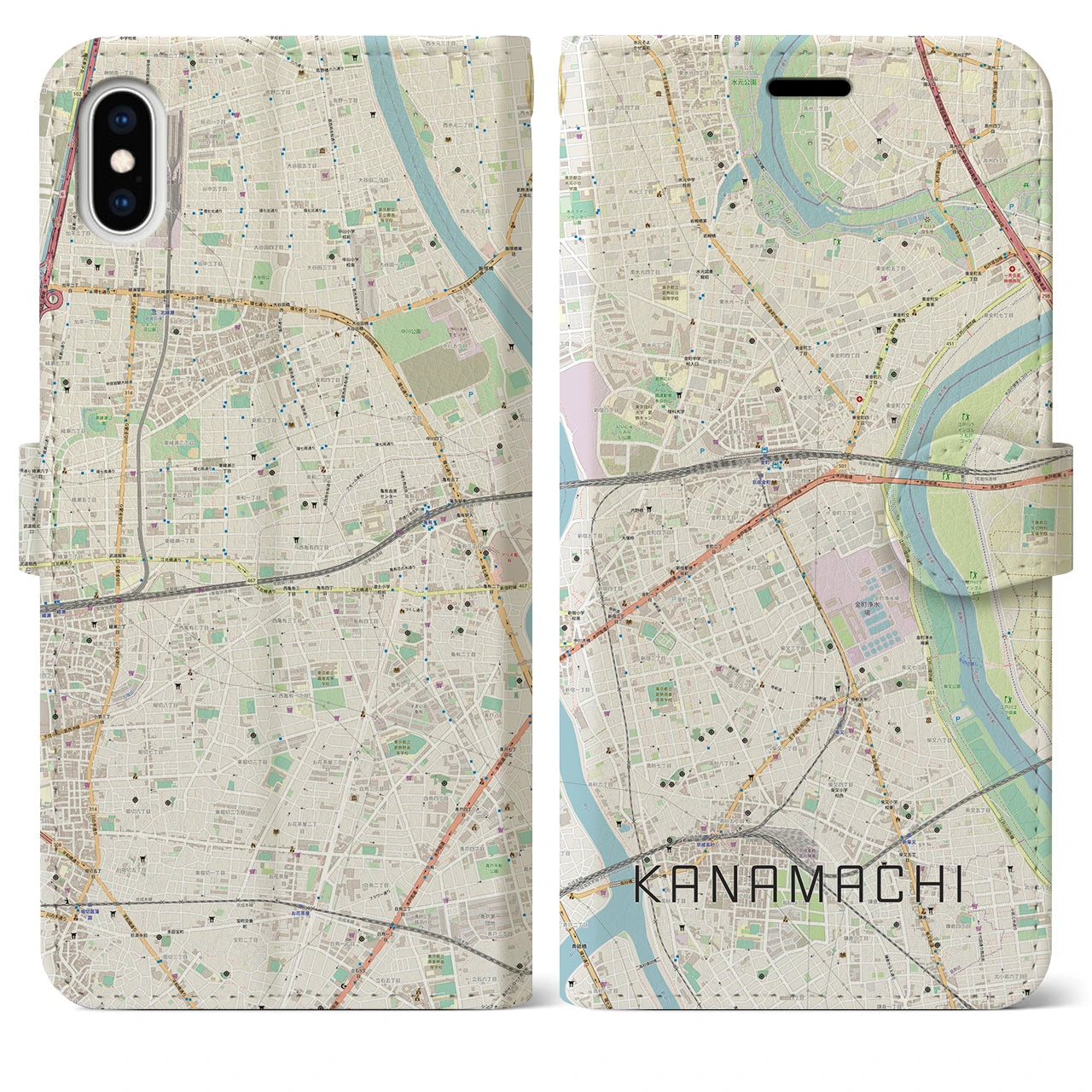 【金町(東京都)】地図柄iPhoneケース(手帳タイプ)ナチュラル・iPhone XS Max 用