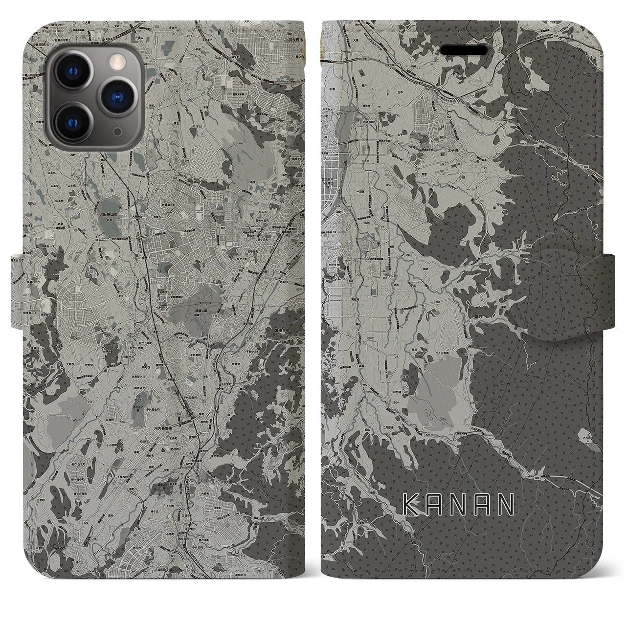 【河南(大阪府)】地図柄iPhoneケース(手帳タイプ)モノトーン・iPhone 11 Pro Max 用