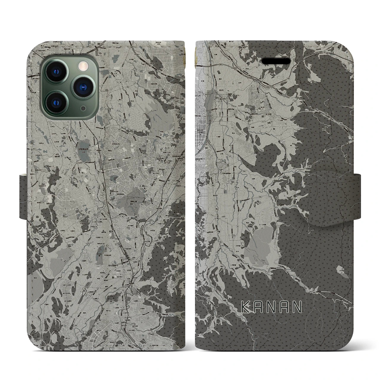 【河南(大阪府)】地図柄iPhoneケース(手帳タイプ)モノトーン・iPhone 11 Pro 用