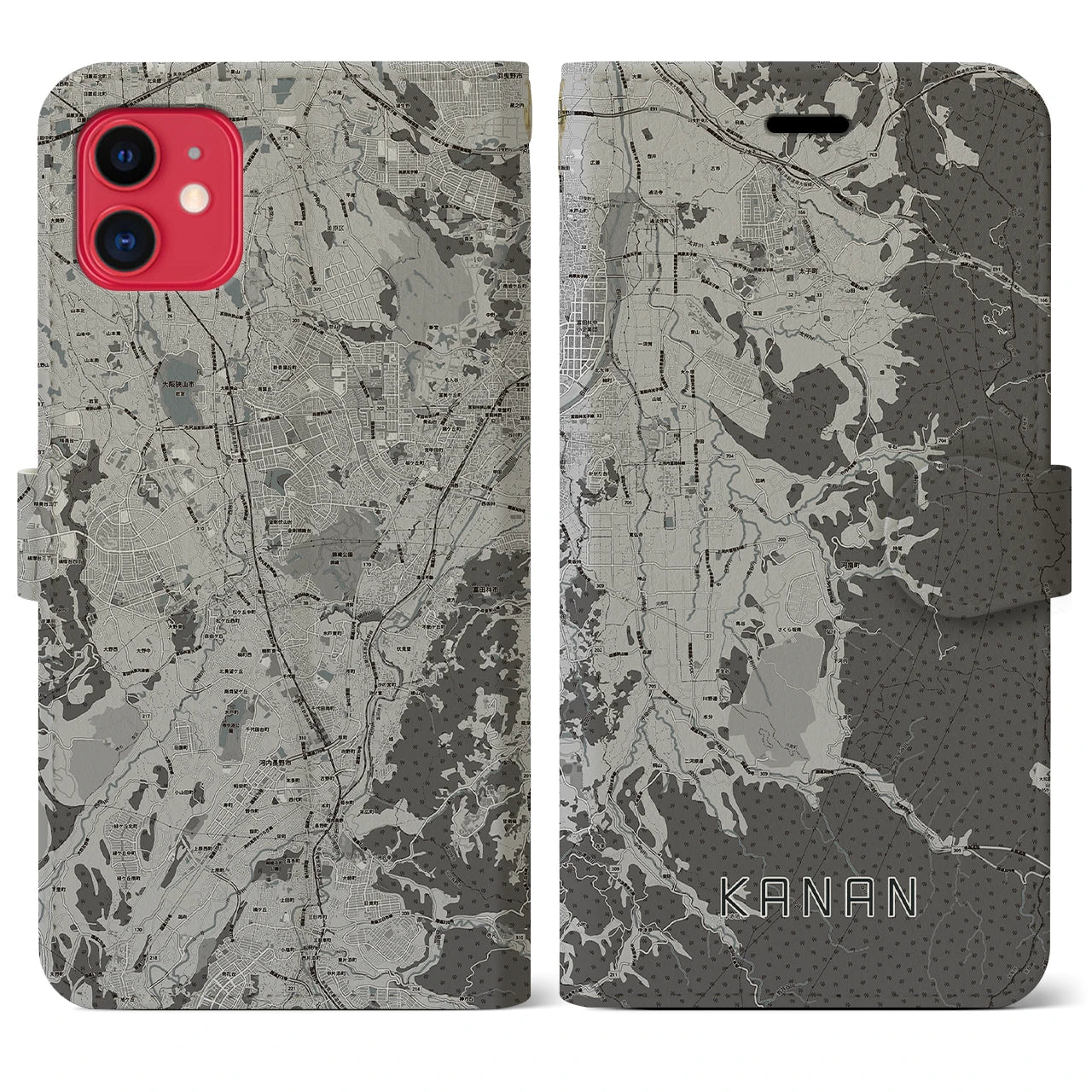 【河南(大阪府)】地図柄iPhoneケース(手帳タイプ)モノトーン・iPhone 11 用