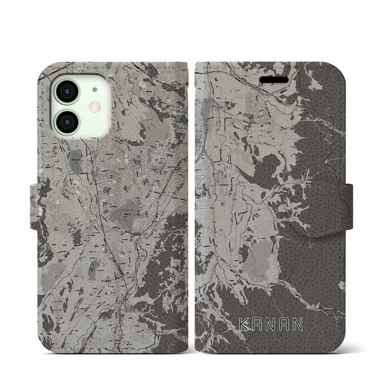 【河南(大阪府)】地図柄iPhoneケース(手帳タイプ)モノトーン・iPhone 12 mini 用