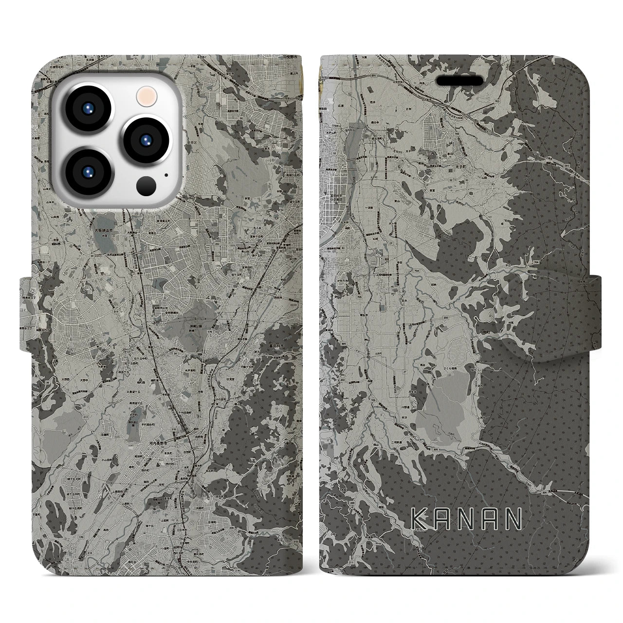 【河南(大阪府)】地図柄iPhoneケース(手帳タイプ)モノトーン・iPhone 13 Pro 用