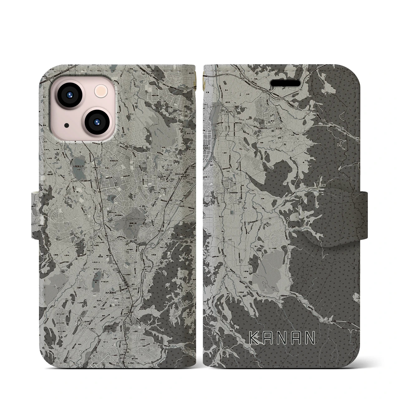 【河南(大阪府)】地図柄iPhoneケース(手帳タイプ)モノトーン・iPhone 13 mini 用