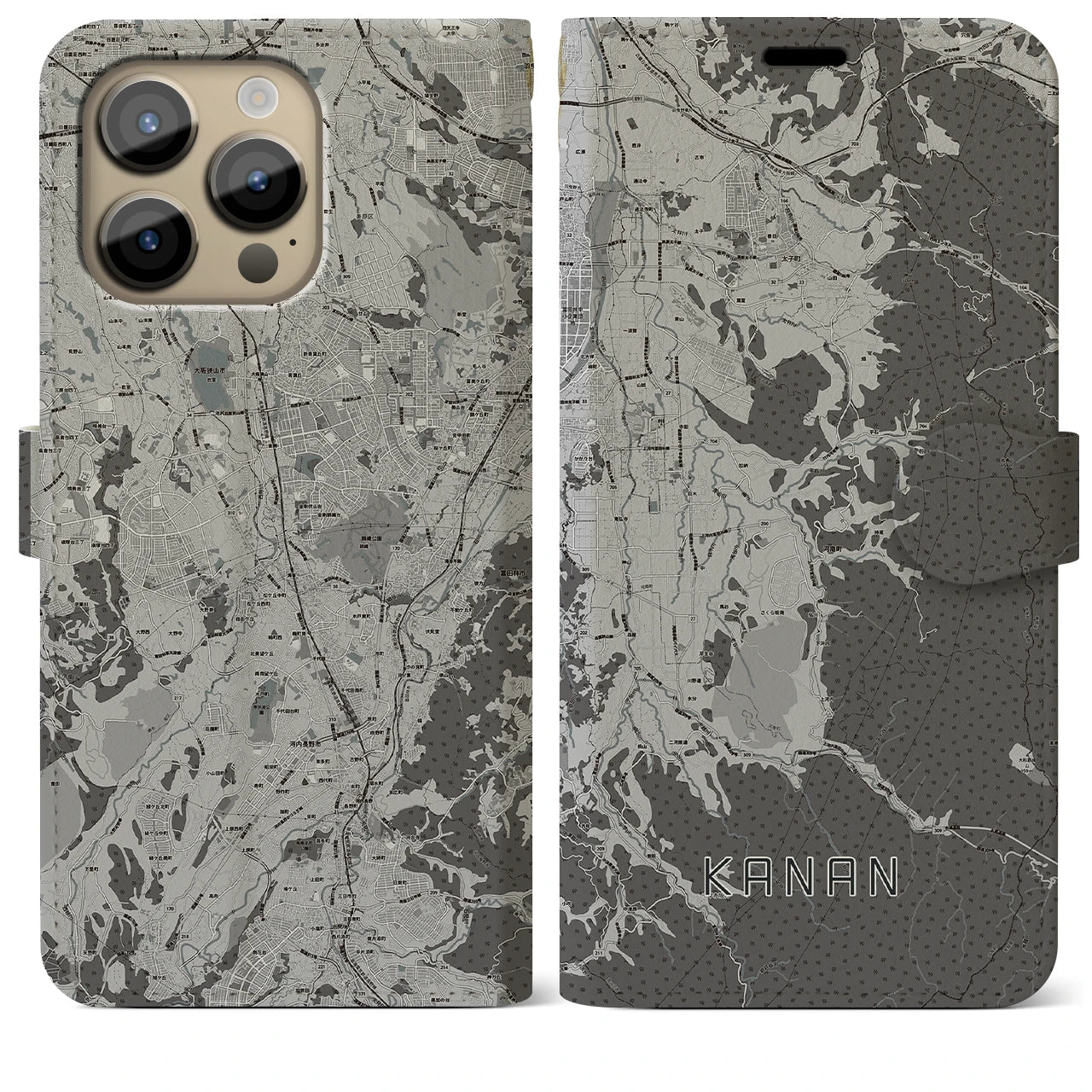 【河南(大阪府)】地図柄iPhoneケース(手帳タイプ)モノトーン・iPhone 14 Pro Max 用